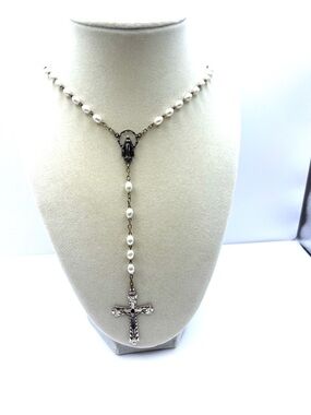 Pearl Rosary Cross White Pearls with Silver Cross 59 Beads Virgin Mary
